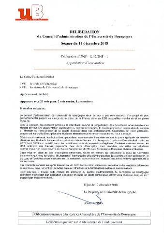 Université de Bourgogne : Motion du conseil d'administration du 11 décembre 2018
