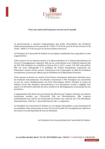 Université de Poitiers : Appel du Président et des vice-présidents pour une université ouverte sur le monde - Novembre 2018
