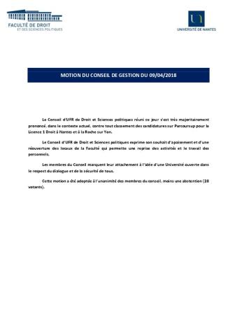 Université de Nantes : Motion adoptée par le conseil de gestion de la faculté de droit et des sciences politiques, 9 avril 2018