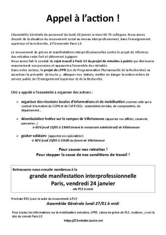 Université Sorbonne Paris Nord (Paris 13) : Appel à l'action de l’Assemblée Générale du personnel du lundi 20 janvier 2020