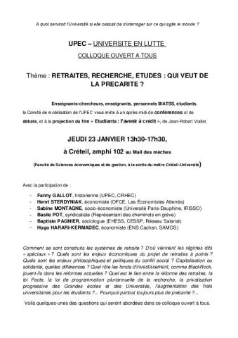 UPEC : Colloque « UNIVERSITE EN LUTTE »  ouvert à tous le jeudi 23 janvier 2020