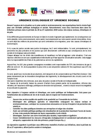 Urgence écologique et urgence sociale :  initiatives prévues dans la période du 20 au 27 septembre 2019
