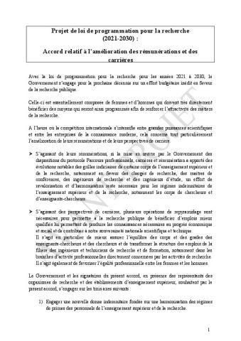 Projet de loi de programmation pour la recherche (2021-2030) : Accord relatif à l'amélioration des rémunérations et des carrières