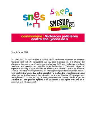Violences policières contre des lycéen.ne.s : communiqué intersyndical, 24 mai 2018
