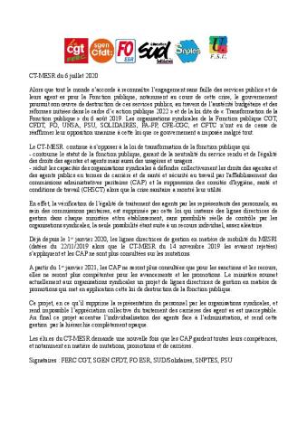 VOEU INTERSYNDICAL AU CTMESR DU 6 JUILLET 2020