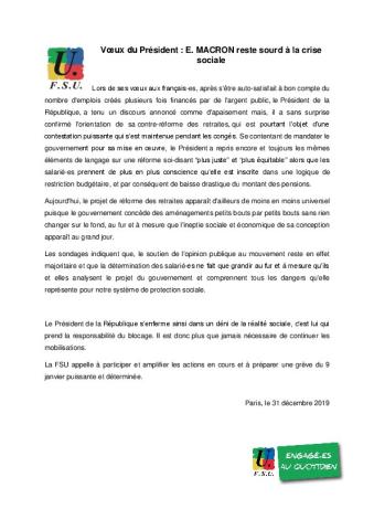 Voeux d'E. Macron - communiqué FSU 31 décembre 2019