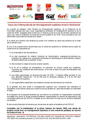 Vœux de l’intersyndicale de l’Enseignement supérieur et de la Recherche - CP intersyndical du 21 janvier 2020