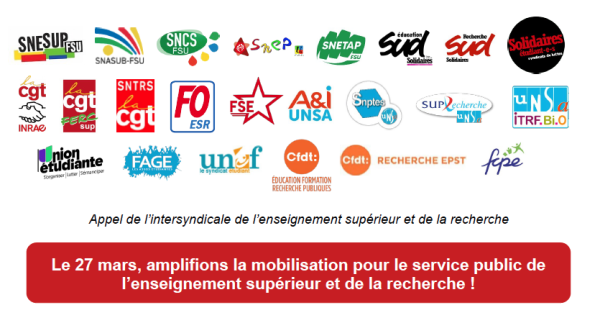 Le 27 mars, amplifions la mobilisation pour le service public de l’enseignement supérieur et de la recherche !