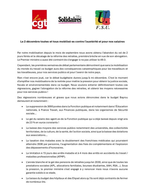 Le 2 décembre toutes et tous mobilisé·es contre l’austérité et pour nos salaires