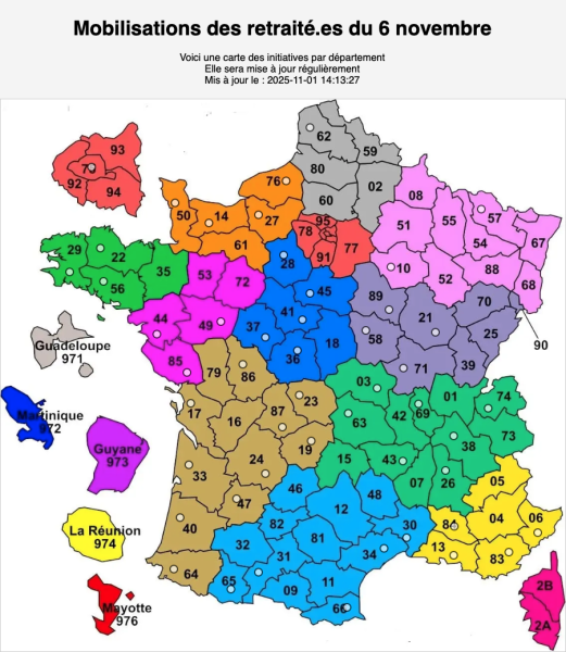 carte des mobilisations du 6 novembre 2025