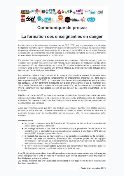 La formation des enseignant·es en danger - Communiqué intersyndical du 4 novembre 2025
