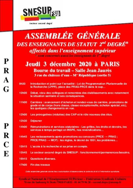 Assemblée Générale Décembre 2020 des enseignants de statuts second degré affectés dans l'enseignement supérieur 
