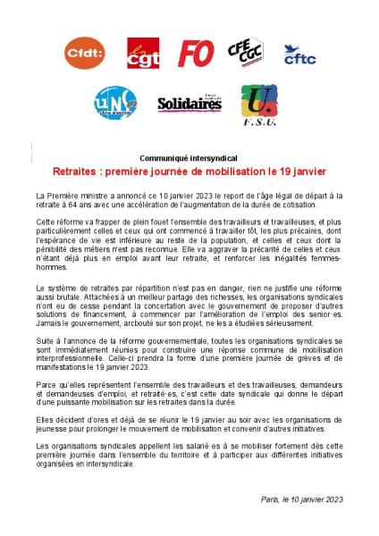 Retraites : première journée de mobilisation le 19 janvier - Communiqué intersyndical du 10 janvier 2023