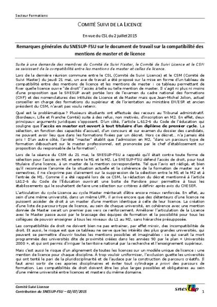 Remarques générales du SNESUP-FSU sur le document de travail sur la compatibilité des mentions de master et de licence