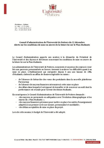 Université de Poitiers : Motion du CA