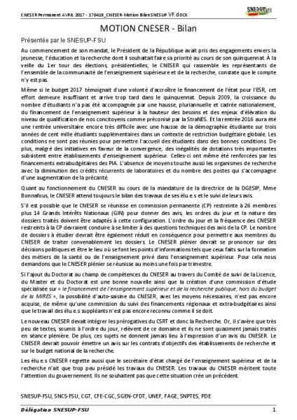 CNESER : Motion Bilan