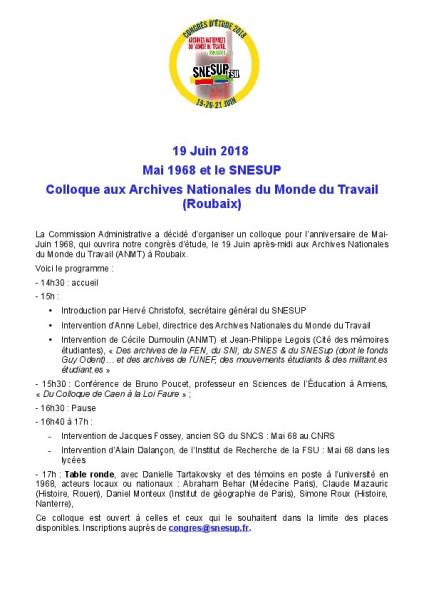 Colloque  « Le SNESUP en Mai 68 »