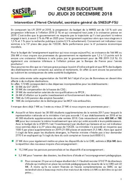 CNESER BUDGETAIRE DU 20 DECEMBRE 2018 - Intervention d’Hervé Christofol, Secrétaire général du SNESUP-FSU