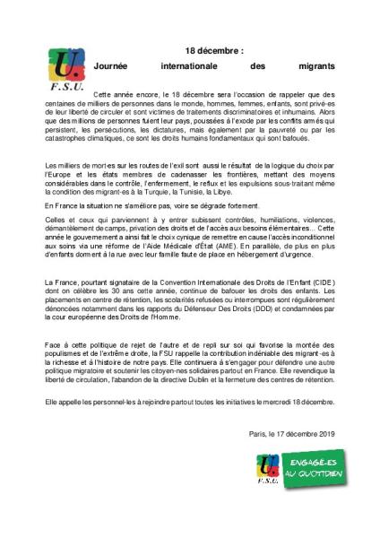 18 décembre : Journée internationale des migrants - CP de la FSU, 18 décembre 2019