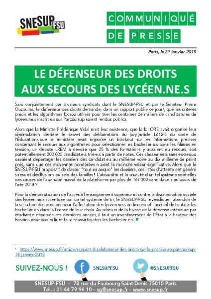 LE DÉFENSEUR DES DROITS AUX SECOURS DES LYCÉEN.NE.S - Communiqué de presse, 21 janvier 2019