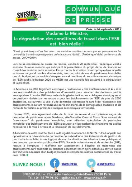Madame la ministre, la dégradation des conditions de travail dans l'ESR est bien réelle ! - Communiqué de presse du 24 septembre 2019