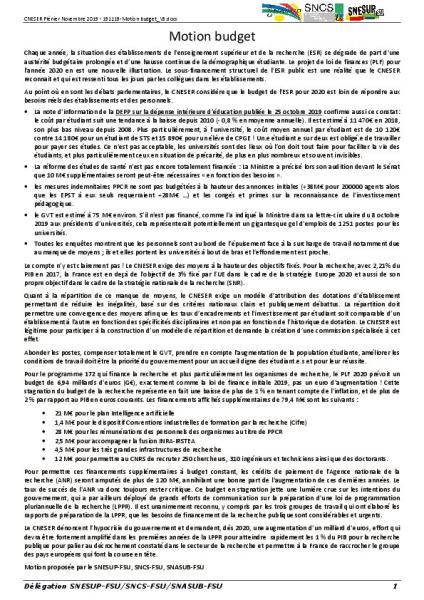 CNESER 19 et 20/11/2019 - Motion BUDGET présentée par le SNESUP-FSU, le SNCS-FSU et le SNASUB-FSU