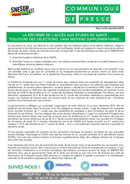 LA RÉFORME DE L’ACCÈS AUX ÉTUDES DE SANTÉ :  TOUJOURS DES SÉLECTIONS, SANS MOYENS SUPPLÉMENTAIRES... - CP du 25 novembre 2019