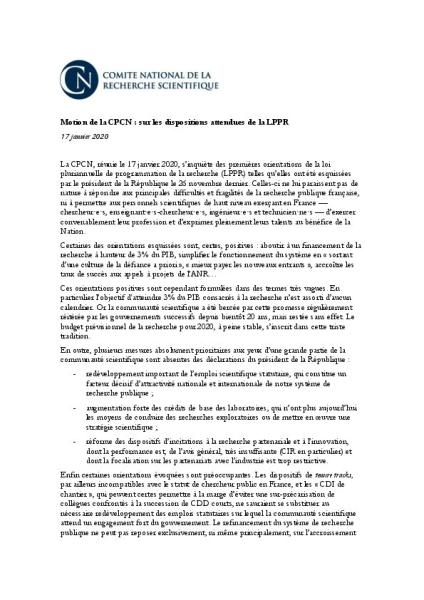 CNRS : Motion de la Conférence des Présidents du Comité National sur les dispositions attendues de la LPPR, 17 janvier 2020