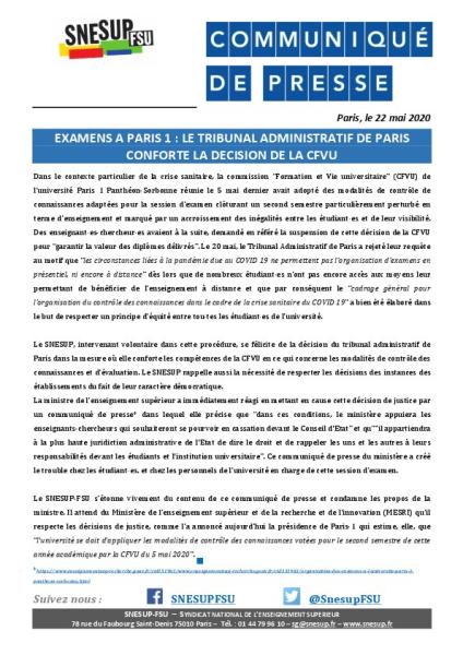	EXAMENS A PARIS 1 : Le Tribunal administratif de Paris conforte la décision de la CFVU - communiqué du 22 mai 2020