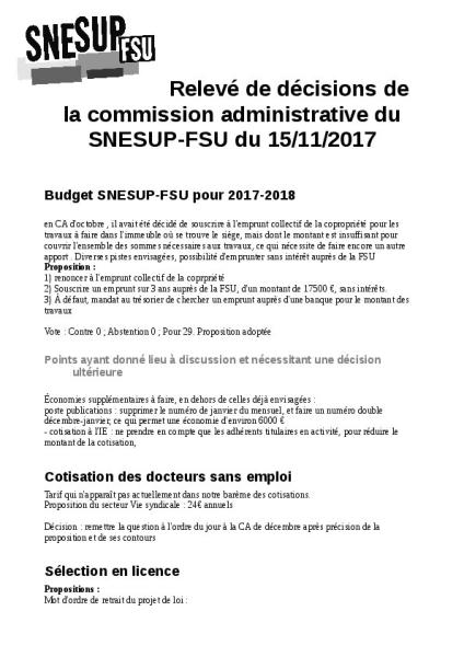 Relevé de décisions de la CA du 15/11/2017