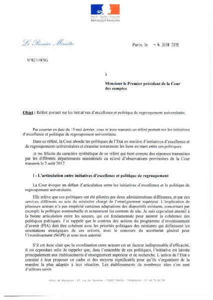 Réponse du premier ministre au référé de la Cour des comptes sur les initiatives d'excellence et la politique de regroupement universitaire (4 juin 2018)