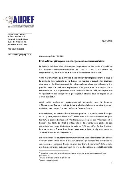 Communiqué de l'AUREF sur les droits d'inscription des étrangers extra-communautaire, 30 novembre 2018