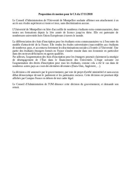 Université de Montpellier : Deux motions votées par le conseil d'administration du 17 décembre 2018