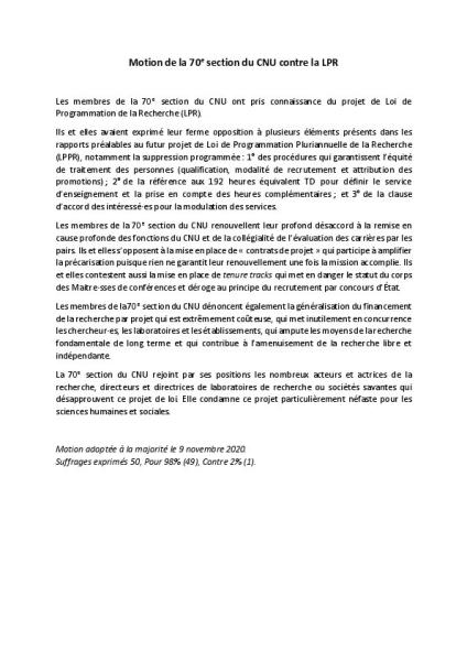  Motions sur l'examen du projet de LPR au Parlement