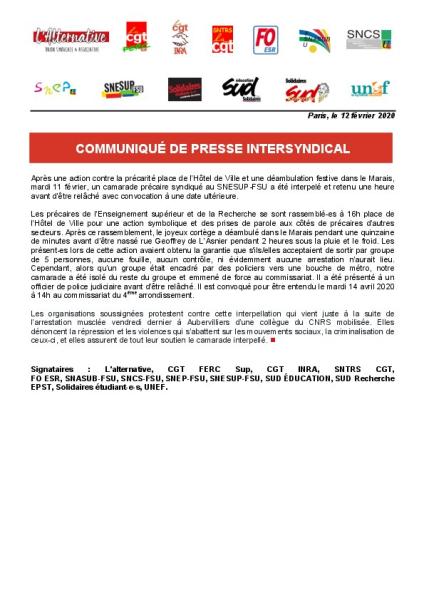 Communiqué de presse intersyndical du 12 février 2020