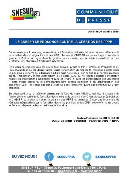Le CNESER se prononce contre la création des PPPE - Communiqué de presse du 20 octobre 2020