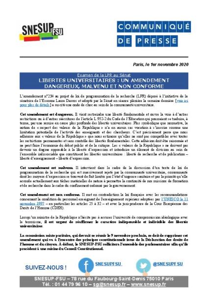 LPR au Sénat - LIBERTÉS UNIVERSITAIRES : UN AMENDEMENT  DANGEREUX, MALVENU ET NON CONFORME - Communiqué du 1er novembre 2020