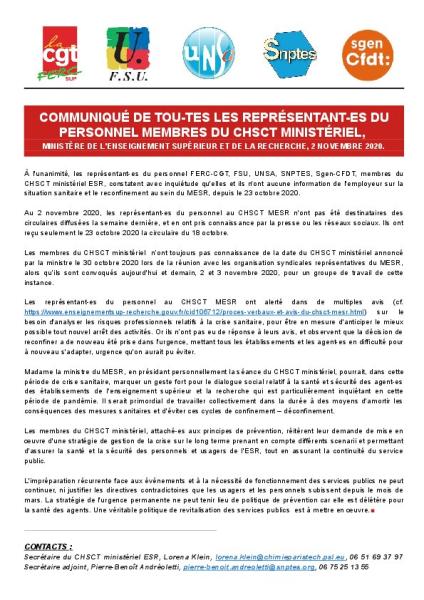 CHSCT ministériel - Communiqué des représentant·es du personnel du 2 novembre 2020
