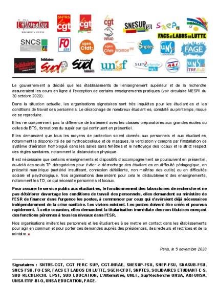 Communiqué de presse de l'intersyndicale ESR portant sur l'urgence d'un recrutement de personnels pour faire face à la crise sanitaire 