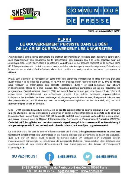 PLFR4 : Le gouvernement persiste dans le déni de la crise que traversent les universités - Communiqué de presse du 5 novembre 2020