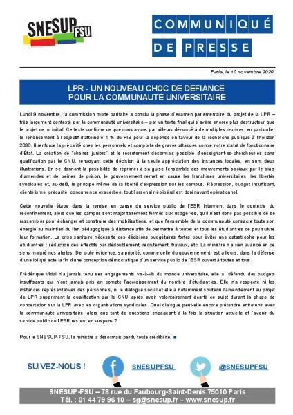 LPR - Un nouveau choc de défiance pour la communauté universitaire - Communiqué de presse du 10 novembre 2020