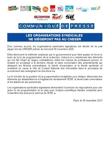 Les organisations syndicales  ne siégeront pas au CNESER - Communiqué intersyndical du 18 novembre 2020