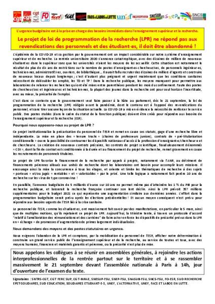 Le projet LPR ne répond pas aux revendications des personnels et des étudiant·es, il doit être abandonné ! - Communiqué de presse intersyndical du 9 septembre 2020