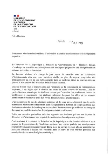 Circulaire Rentrée janvier 2021 MESRI/DGESIP