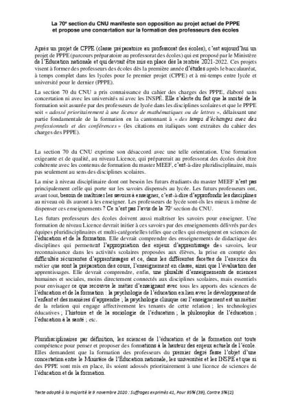 La 70è section du CNU manifeste son opposition au projet de PPPE, et propose une concertation sur la formation des professeurs des écoles.