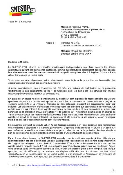Attaques contre des universitaires : le SNESUP-FSU écrit à la ministre F. Vidal - 12 mars 2021