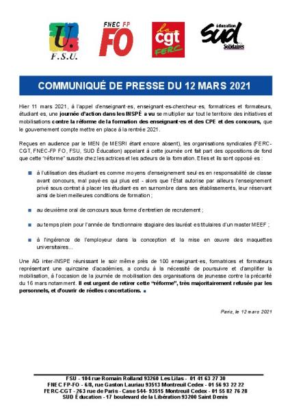 Mobilisations contre la “réforme” de la formation des enseignant-es et CPE ! - Communiqué intersyndical du 12 mars 2021