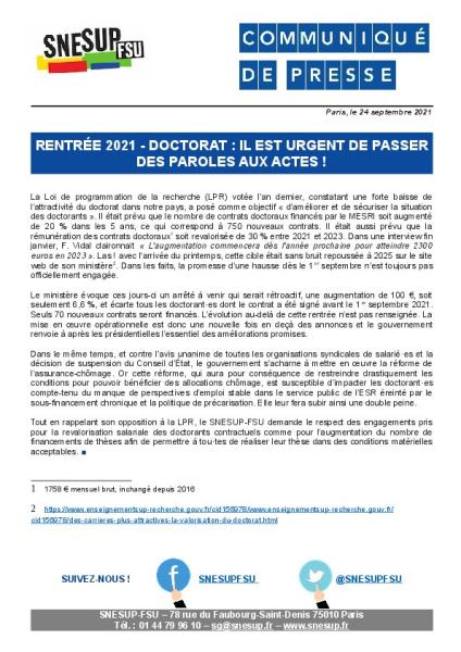 Rentrée 2021 - Doctorat : il est urgent de passer des paroles aux actes ! - Communiqué de presse du SNESUP-FSU du 24 septembre 2021