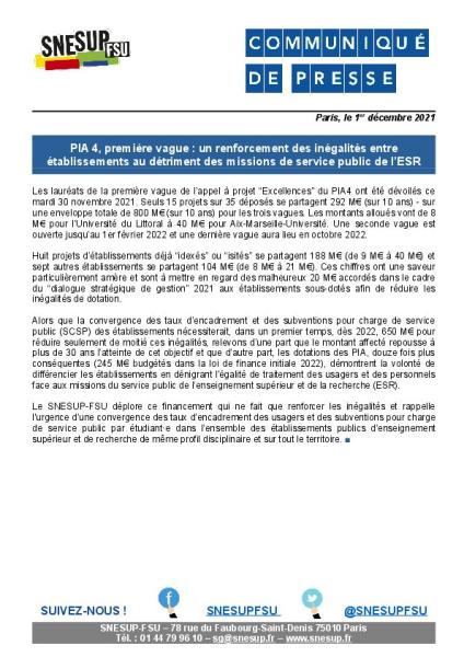 PIA 4, première vague : un renforcement des inégalités entre établissements au détriment des missions de service public de l’ESR - Communiqué de presse du SNESUP-FSU du 1er décembre 2021