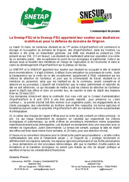 Le Snetap-FSU et le Snesup-FSU apportent leur soutien aux étudiant.es mobilisé.es pour la défense du domaine de Grignon - Communiqué de presse du 22 mars 2021